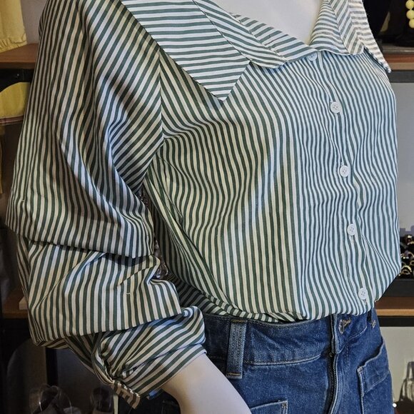 Zara green white Striped button-down shirt Small - Picture 3 of 9